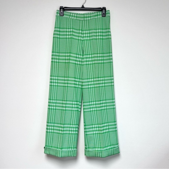 Vintage Pants - Vintage Mid Century Mod Kelly Green Houndstooth Wide Leg Pants Grandma